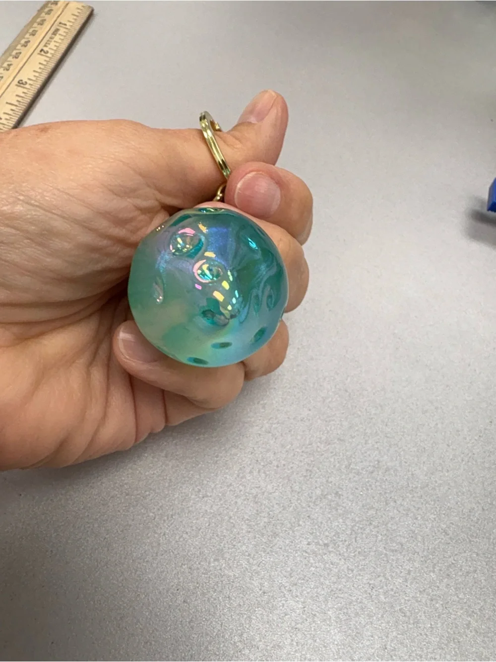Iridescent Blue Green Strawberry Bag Charm Keychain Gold Accents